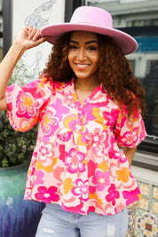 Find Love Pink/Yellow Floral Frill Balloon Short Sleeve Top | Daverri Fashions