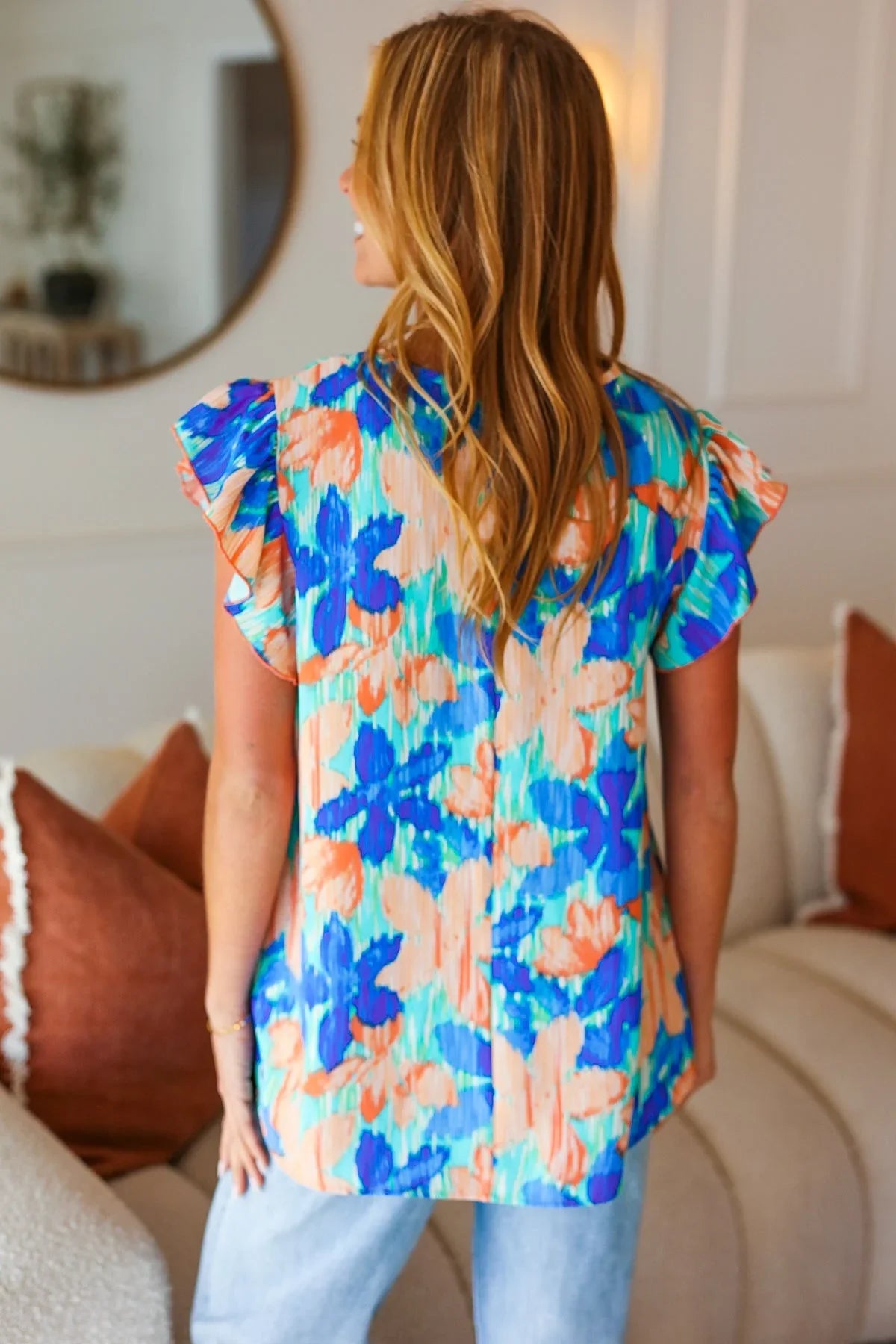 Tropical Breeze Turquoise Floral Banded V Neck Flutter Sleeve Top | Daverri Fashions