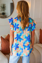 Tropical Breeze Turquoise Floral Banded V Neck Flutter Sleeve Top | Daverri Fashions