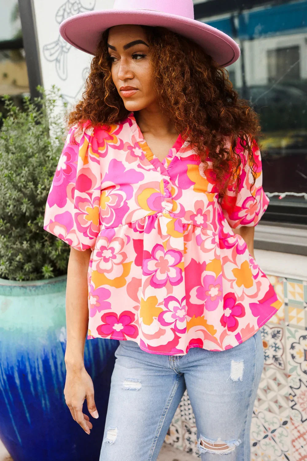 Find Love Pink/Yellow Floral Frill Balloon Short Sleeve Top | Daverri Fashions
