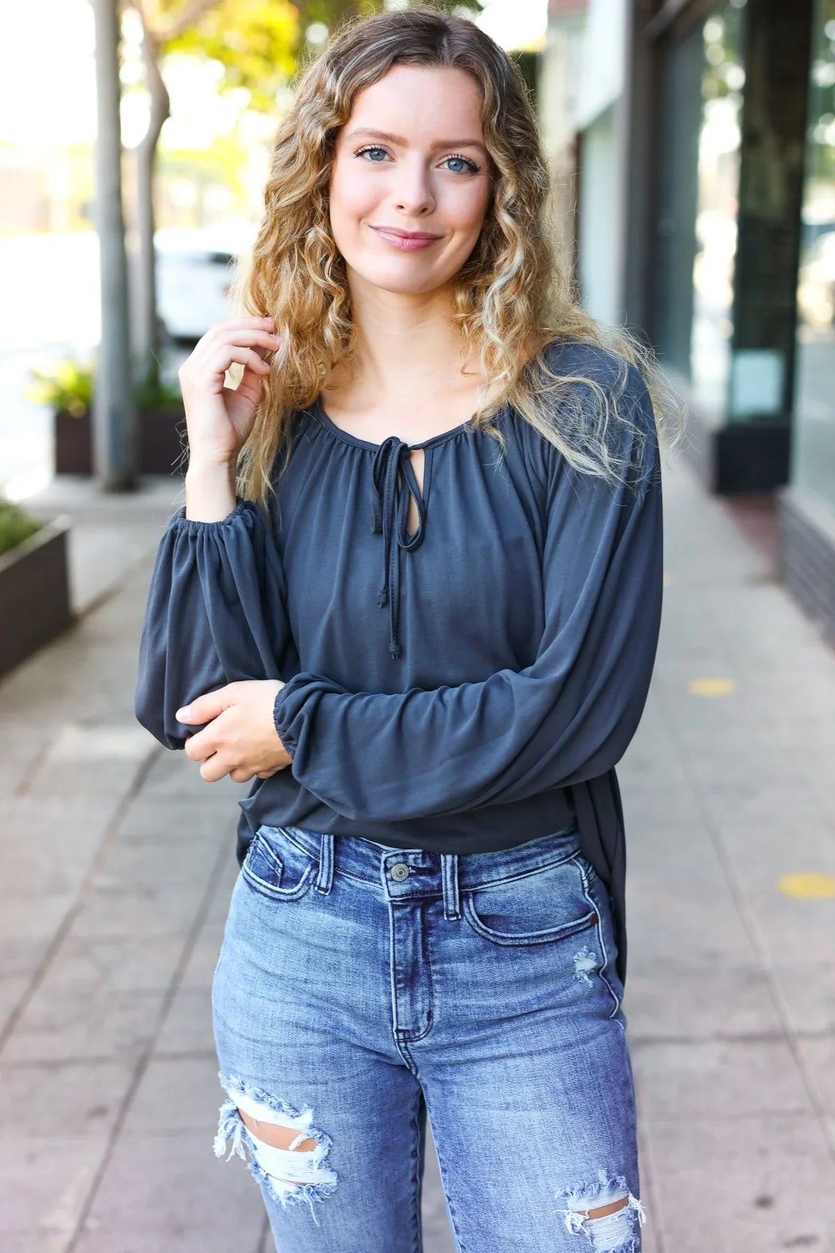 Versatile Charcoal Front Tie Modal Knit Peasant Top | Daverri Fashions