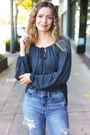 Versatile Charcoal Front Tie Modal Knit Peasant Top | Daverri Fashions