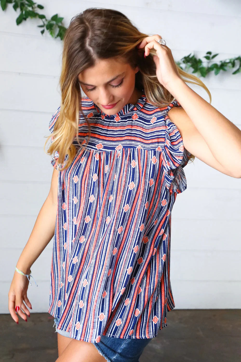Navy & Orange Boho Stripe Flutter Sleeve Top | Daverri Fashions