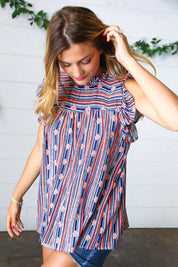 Navy & Orange Boho Stripe Flutter Sleeve Top | Daverri Fashions