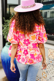 Find Love Pink/Yellow Floral Frill Balloon Short Sleeve Top | Daverri Fashions