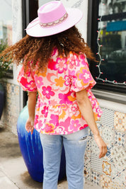 Find Love Pink/Yellow Floral Frill Balloon Short Sleeve Top | Daverri Fashions