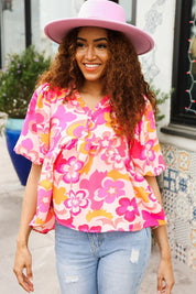 Find Love Pink/Yellow Floral Frill Balloon Short Sleeve Top | Daverri Fashions