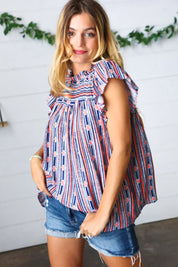 Navy & Orange Boho Stripe Flutter Sleeve Top | Daverri Fashions