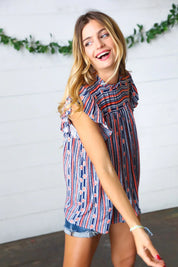 Navy & Orange Boho Stripe Flutter Sleeve Top | Daverri Fashions