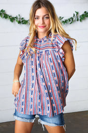 Navy & Orange Boho Stripe Flutter Sleeve Top | Daverri Fashions