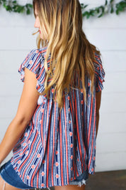 Navy & Orange Boho Stripe Flutter Sleeve Top | Daverri Fashions