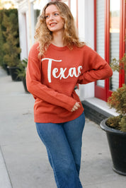 Game Day Burnt Orange "Texas" Embroidery Pop Up Sweater | Daverri Fashions