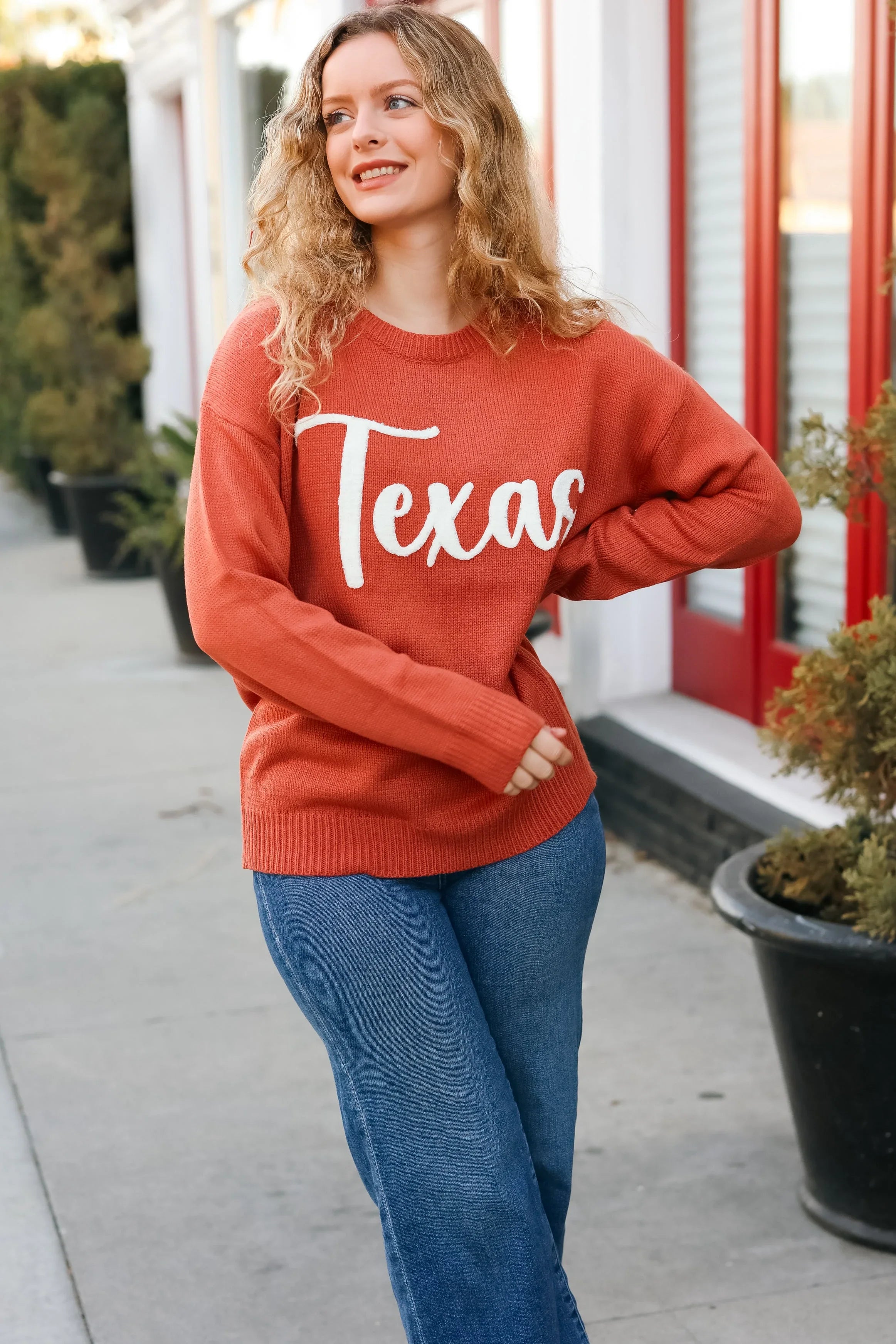 Game Day Burnt Orange "Texas" Embroidery Pop Up Sweater | Daverri Fashions