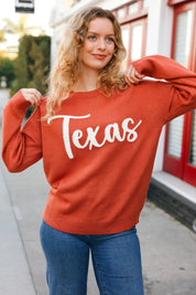 Game Day Burnt Orange "Texas" Embroidery Pop Up Sweater | Daverri Fashions