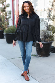 Perfectly You Black Button Down Tiered Babydoll Satin Top | Daverri Fashions