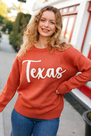 Game Day Burnt Orange "Texas" Embroidery Pop Up Sweater | Daverri Fashions