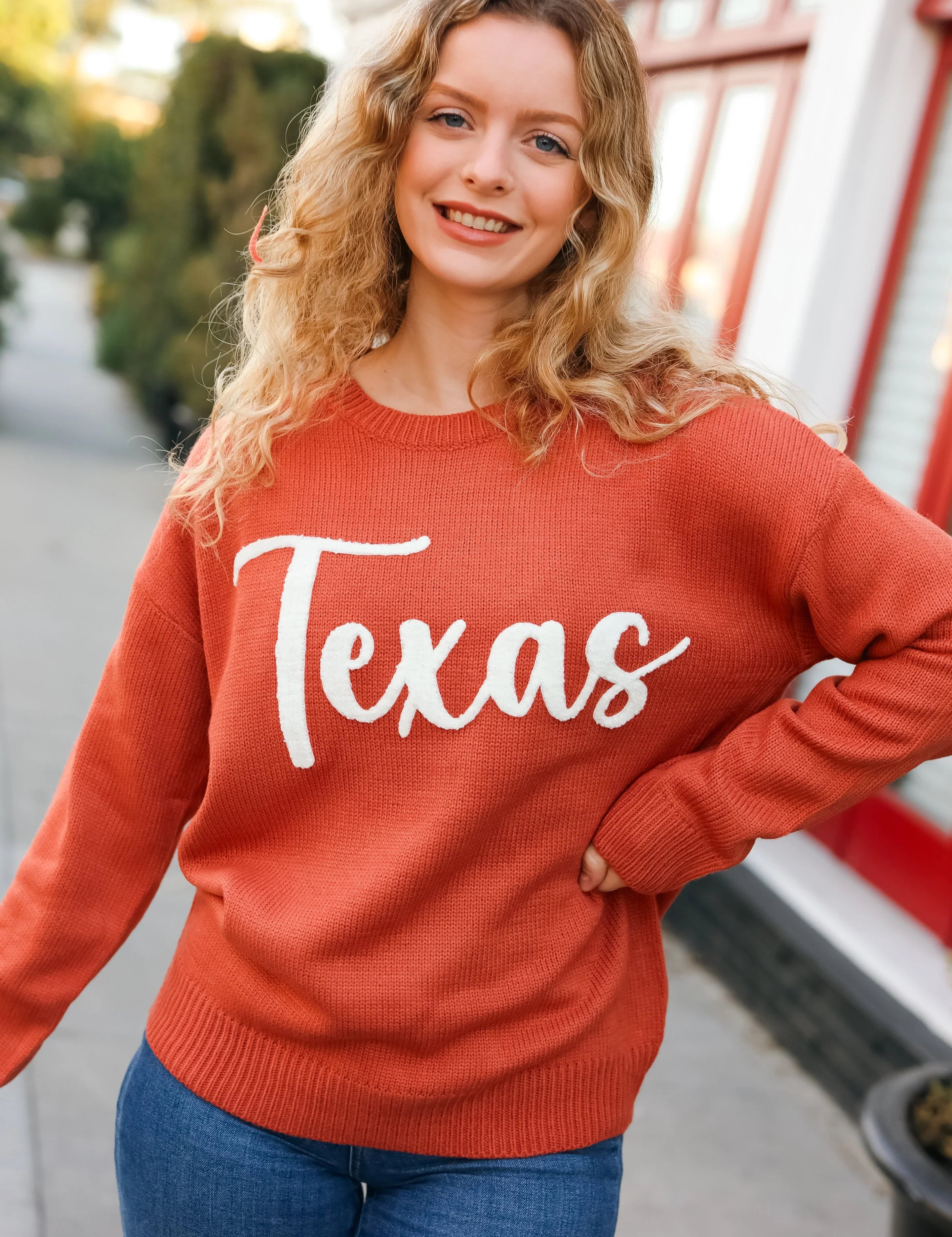 Game Day Burnt Orange "Texas" Embroidery Pop Up Sweater | Daverri Fashions