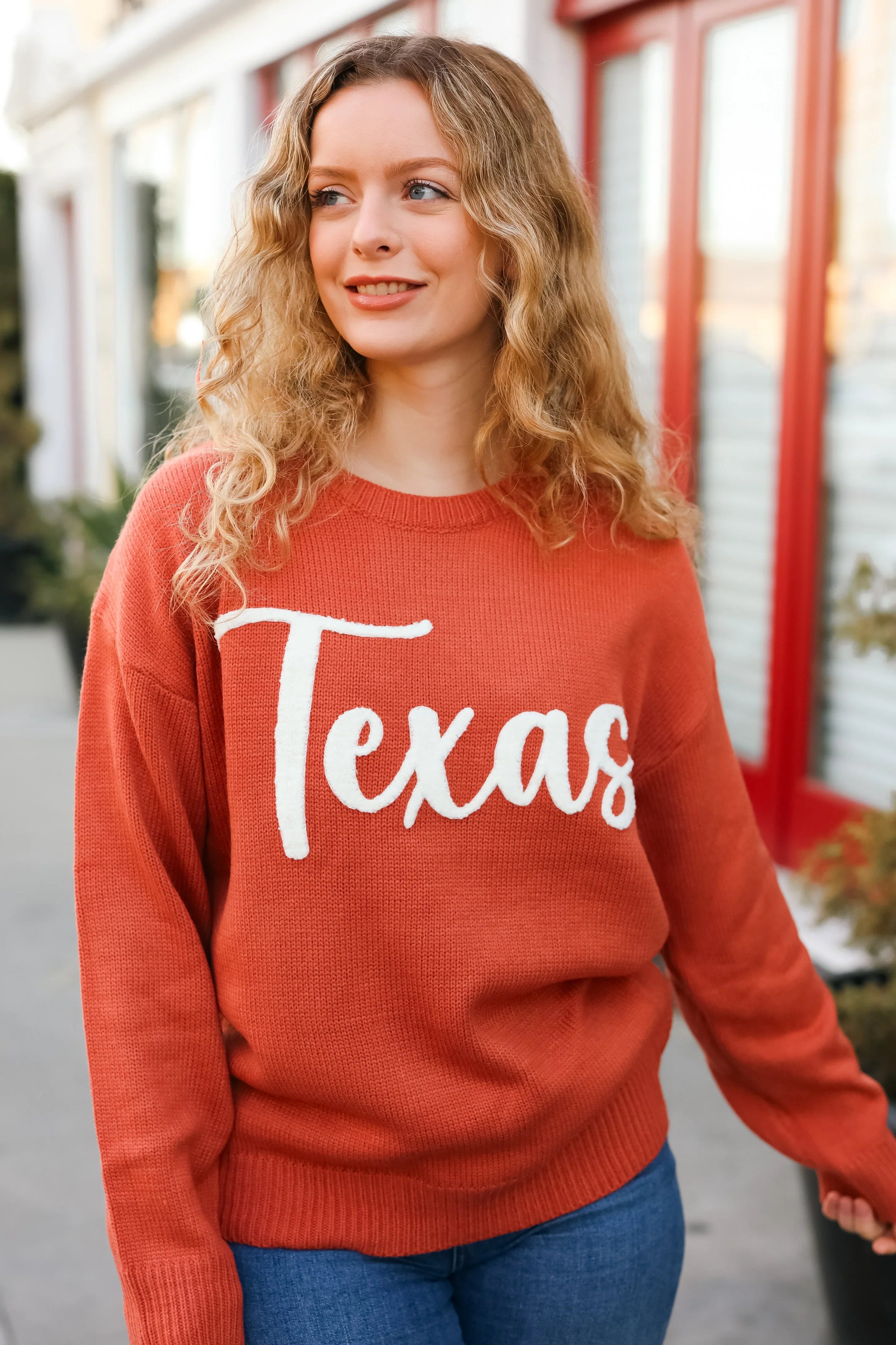 Game Day Burnt Orange "Texas" Embroidery Pop Up Sweater | Daverri Fashions