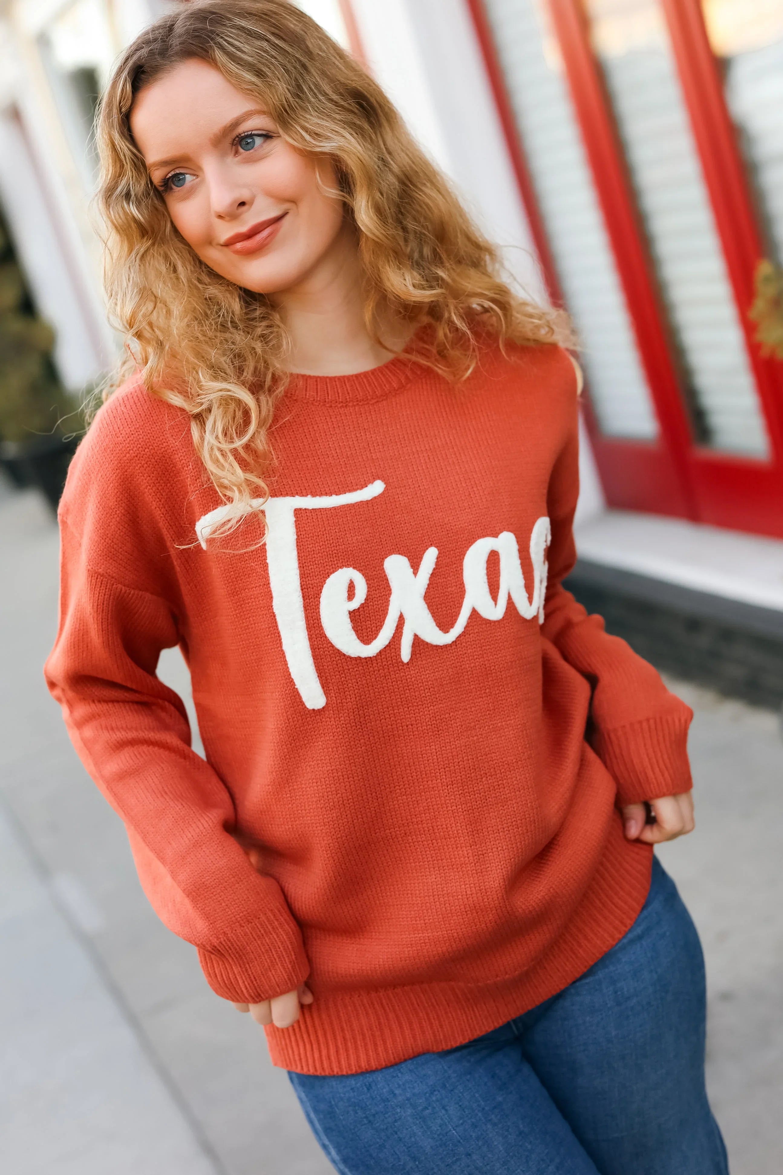 Game Day Burnt Orange "Texas" Embroidery Pop Up Sweater | Daverri Fashions
