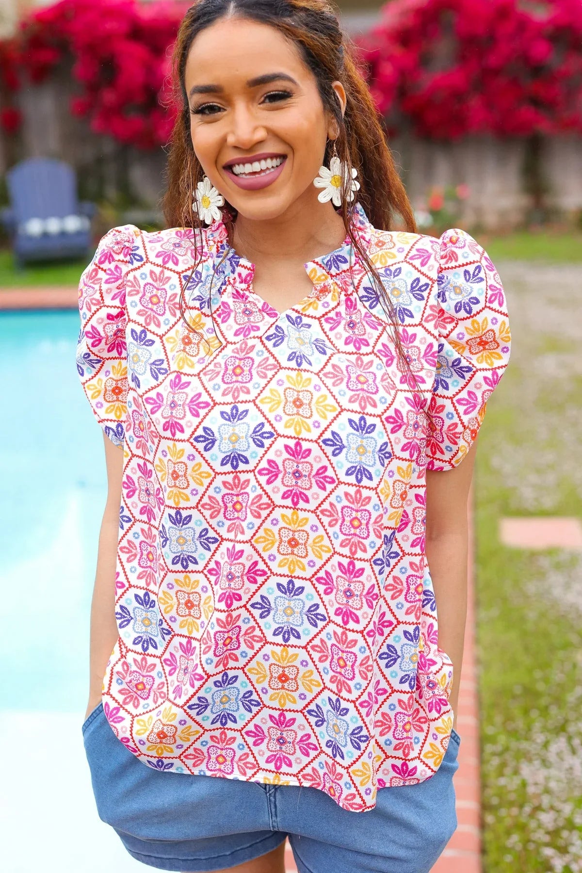 Beautiful You Ivory Floral Lace Frill Notch Neck Puff Sleeve Top | 07-01-25 Summer Sale Daverri Fashions