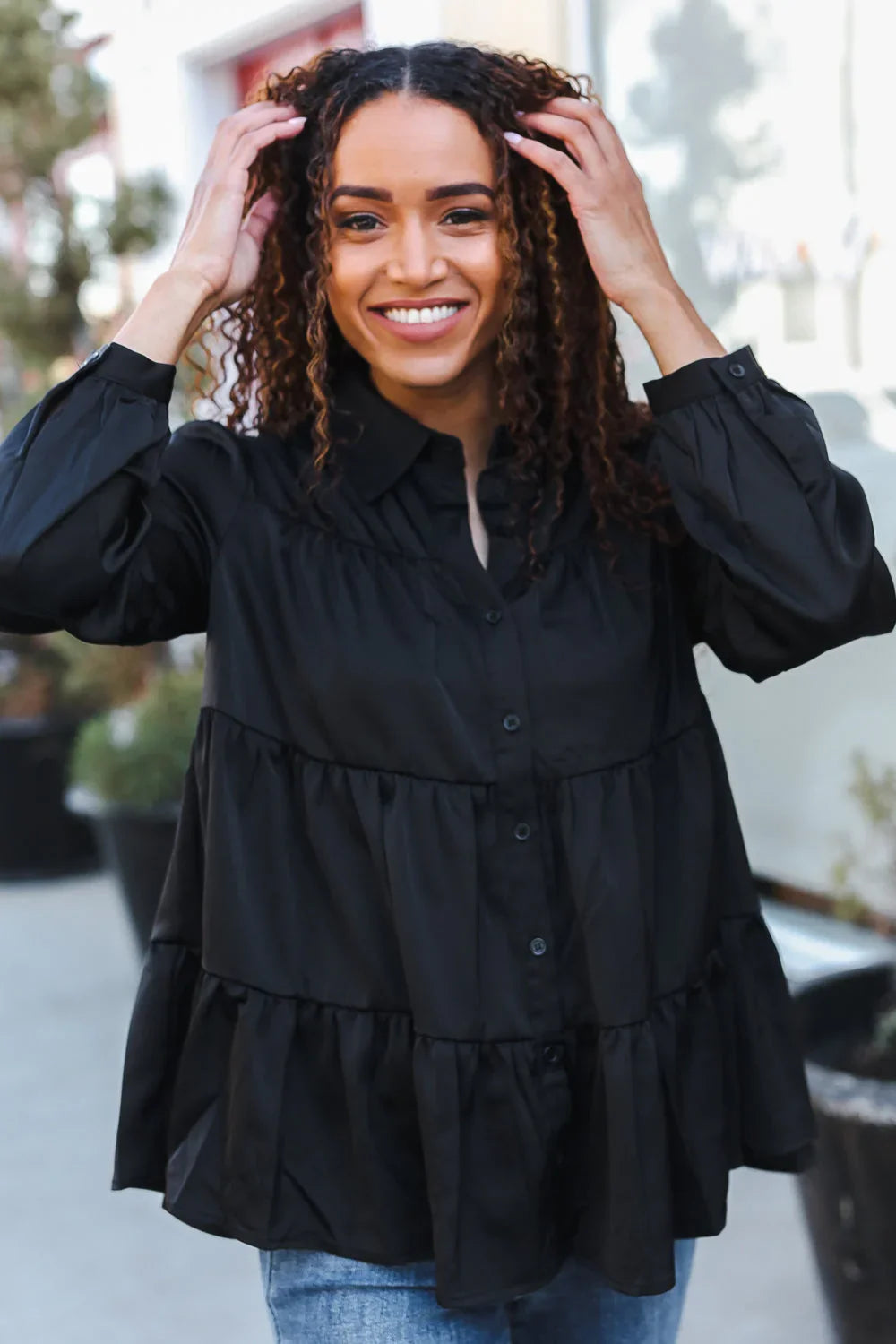 Perfectly You Black Button Down Tiered Babydoll Satin Top | Daverri Fashions
