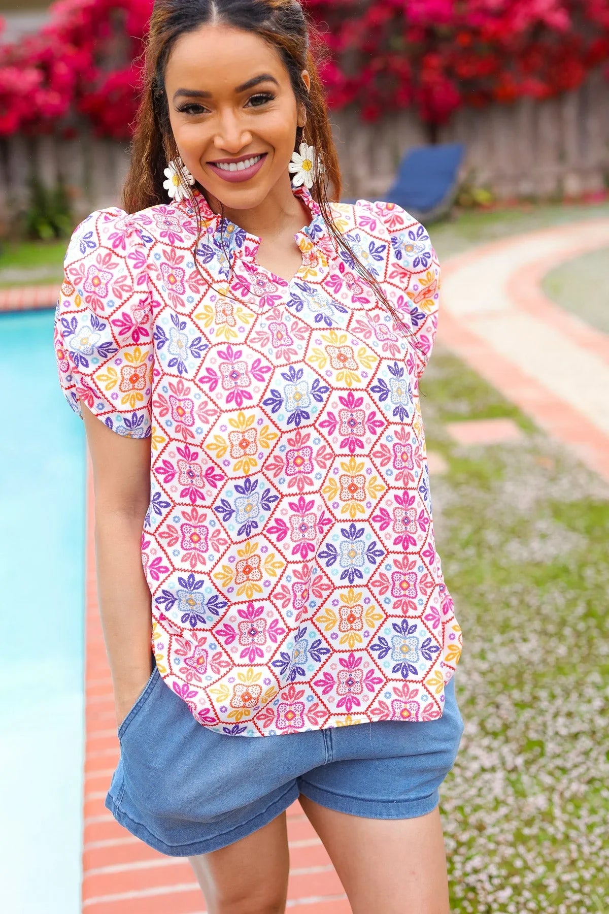 Beautiful You Ivory Floral Lace Frill Notch Neck Puff Sleeve Top | 07-01-25 Summer Sale Daverri Fashions