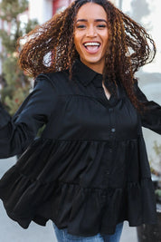Perfectly You Black Button Down Tiered Babydoll Satin Top | Daverri Fashions
