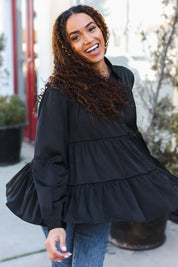 Perfectly You Black Button Down Tiered Babydoll Satin Top | Daverri Fashions