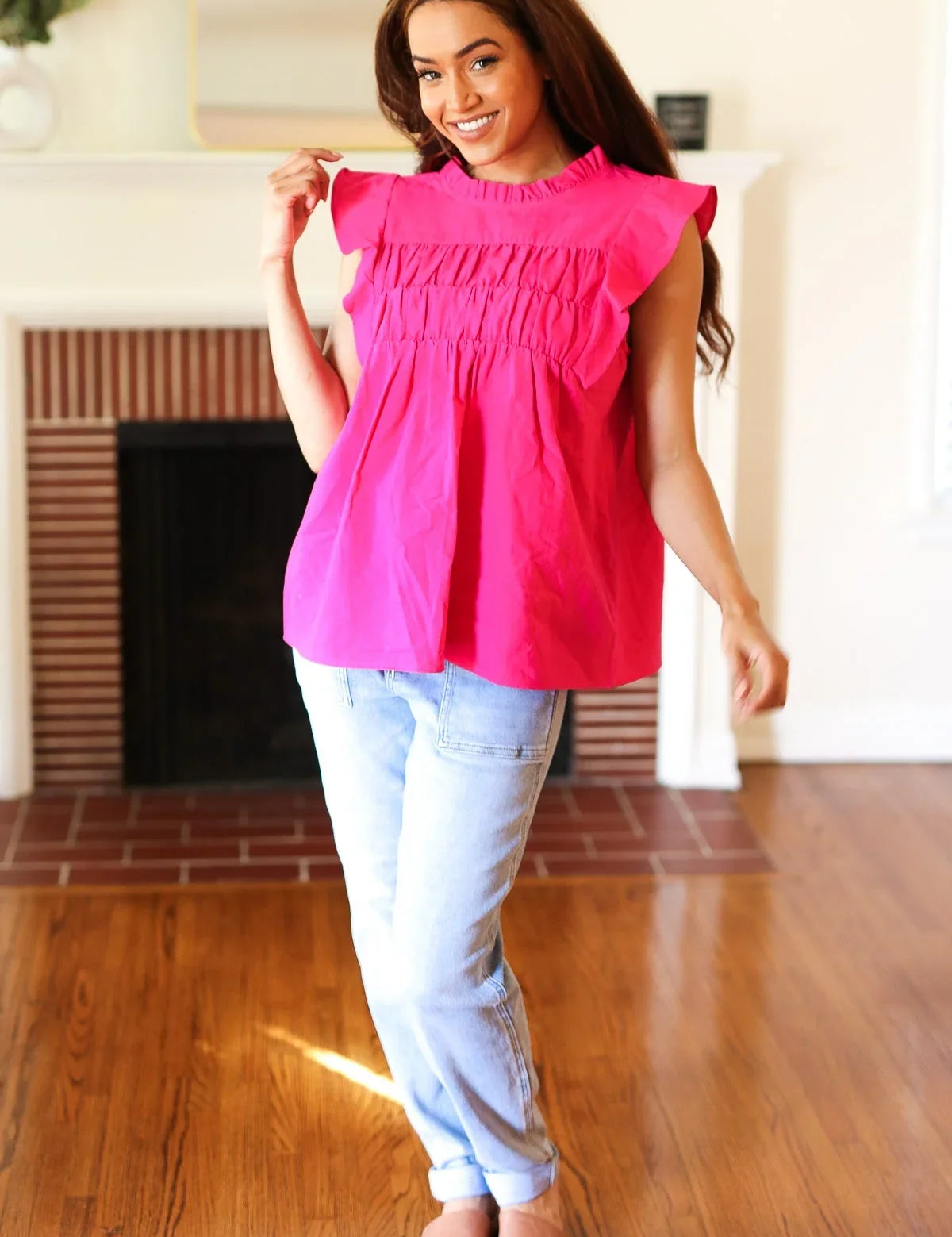 Love Life Cotton Fuchsia Frill Mock Neck Flutter Sleeve Top | 07-01-25 Summer Sale Daverri Fashions