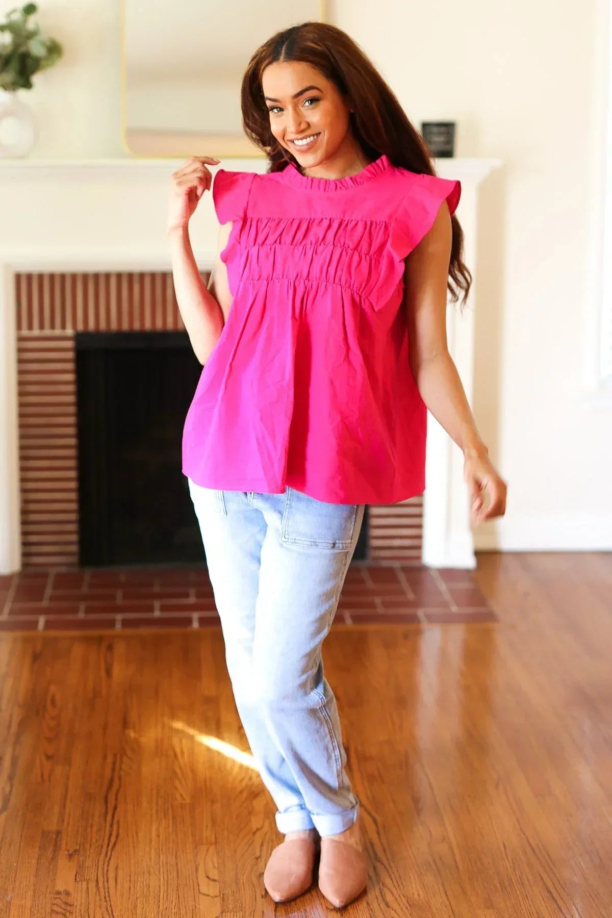 Love Life Cotton Fuchsia Frill Mock Neck Flutter Sleeve Top - DAVERRI FASHIONS