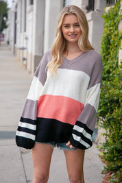 Slate V Neck Color Block Slouchy Knit Sweater | Daverri Fashions