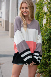 Slate V Neck Color Block Slouchy Knit Sweater | Daverri Fashions