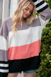 Slate V Neck Color Block Slouchy Knit Sweater | Daverri Fashions