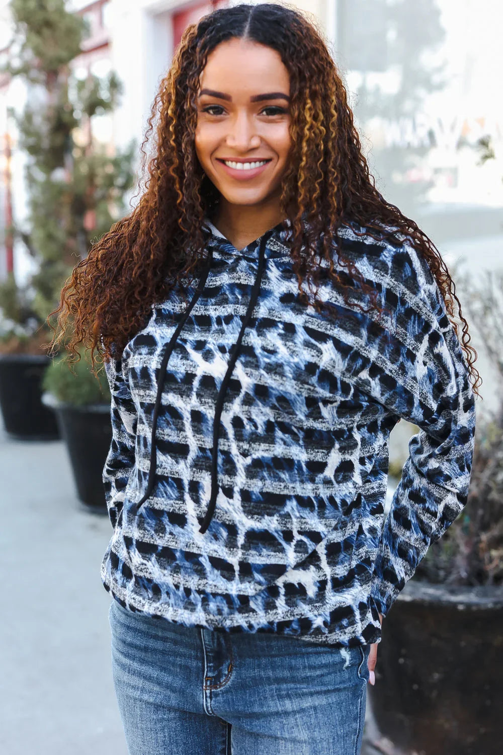 Casual Chic Blue & Black Animal Print Stripe Hoodie | Daverri Fashions