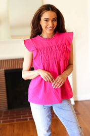 Love Life Cotton Fuchsia Frill Mock Neck Flutter Sleeve Top | 07-01-25 Summer Sale Daverri Fashions
