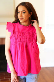 Love Life Cotton Fuchsia Frill Mock Neck Flutter Sleeve Top | 07-01-25 Summer Sale Daverri Fashions