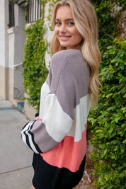 Slate V Neck Color Block Slouchy Knit Sweater | Daverri Fashions