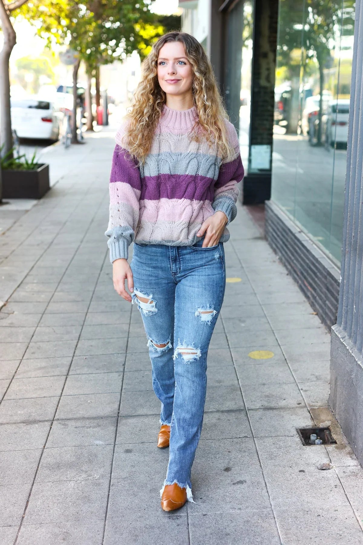 Fall For You Mauve Multicolor Stripe Cable Knit Mock Neck Sweater | 2024 Blow-Out Sale Daverri Fashions