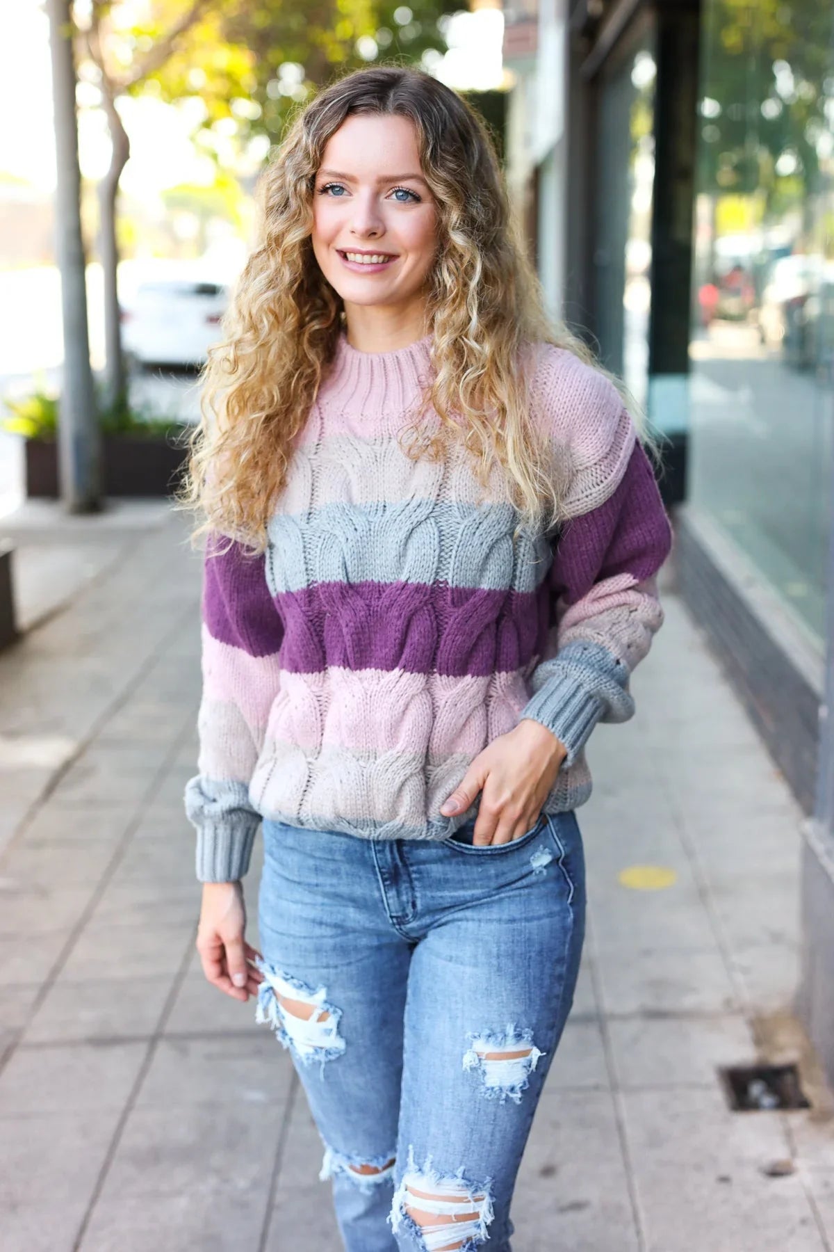 Fall For You Mauve Multicolor Stripe Cable Knit Mock Neck Sweater | 2024 Blow-Out Sale Daverri Fashions