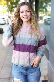 Fall For You Mauve Multicolor Stripe Cable Knit Mock Neck Sweater | 2024 Blow-Out Sale Daverri Fashions
