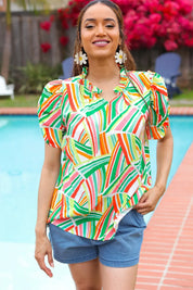 Hello Beautiful Green & Orange Geo Frill Notch Neck Puff Sleeve Top | 2024 Blow-Out Sale Daverri Fashions