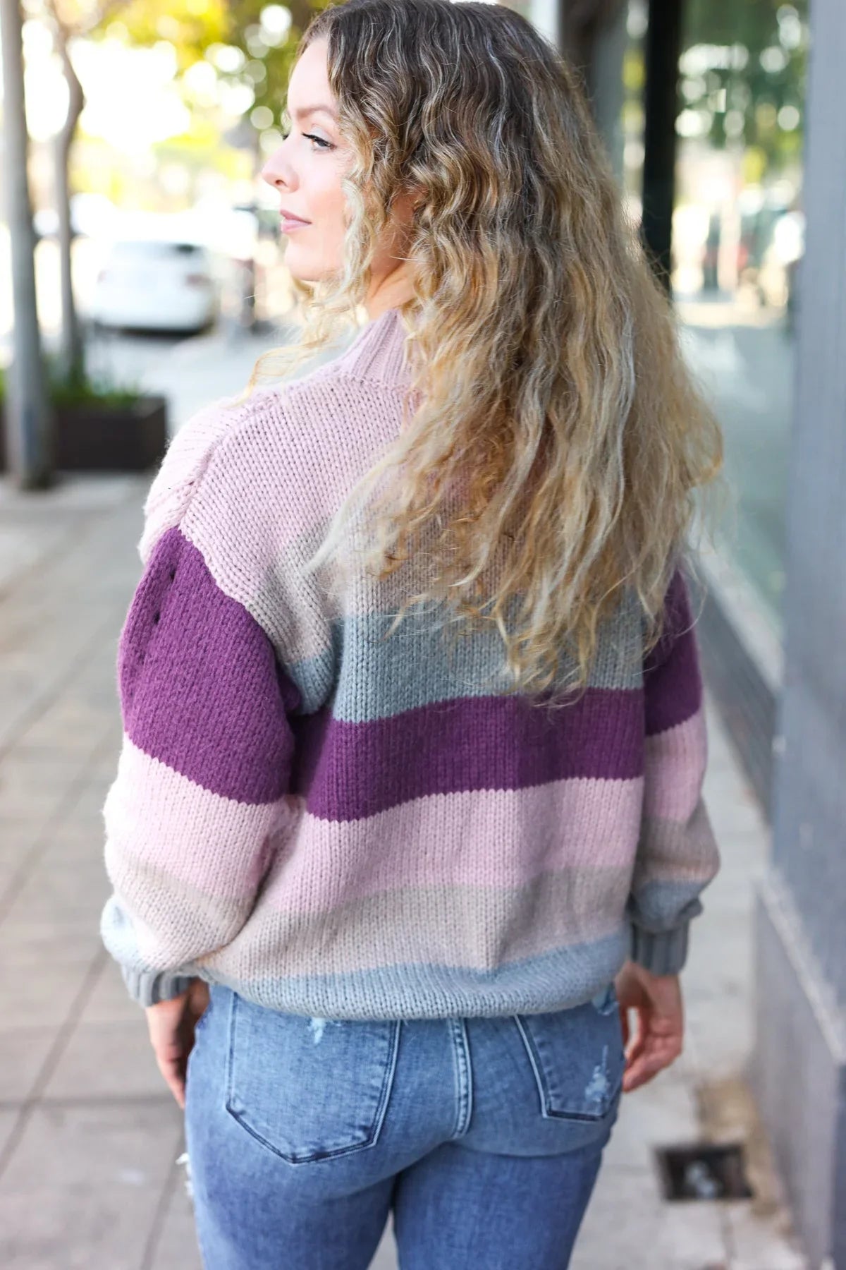 Fall For You Mauve Multicolor Stripe Cable Knit Mock Neck Sweater | 2024 Blow-Out Sale Daverri Fashions