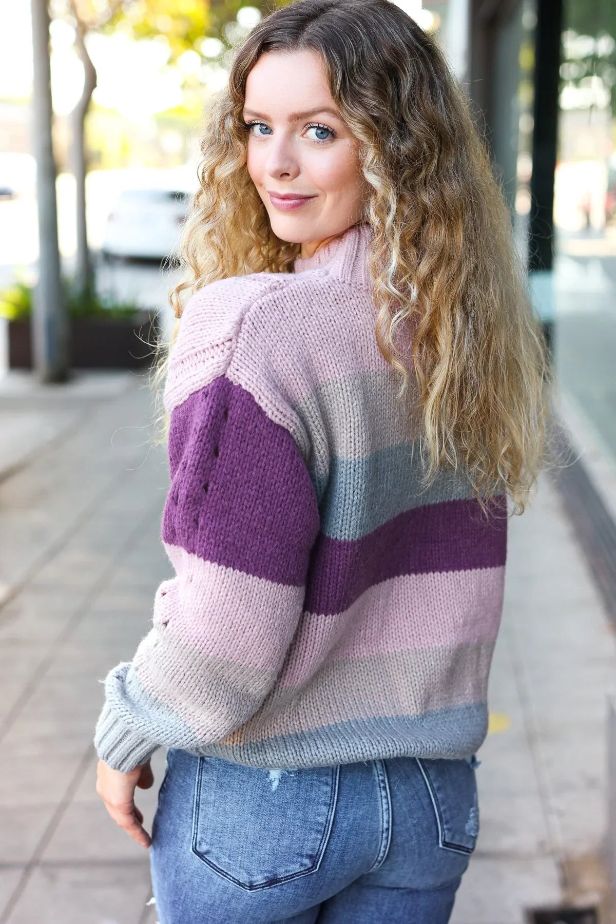 Fall For You Mauve Multicolor Stripe Cable Knit Mock Neck Sweater | 2024 Blow-Out Sale Daverri Fashions
