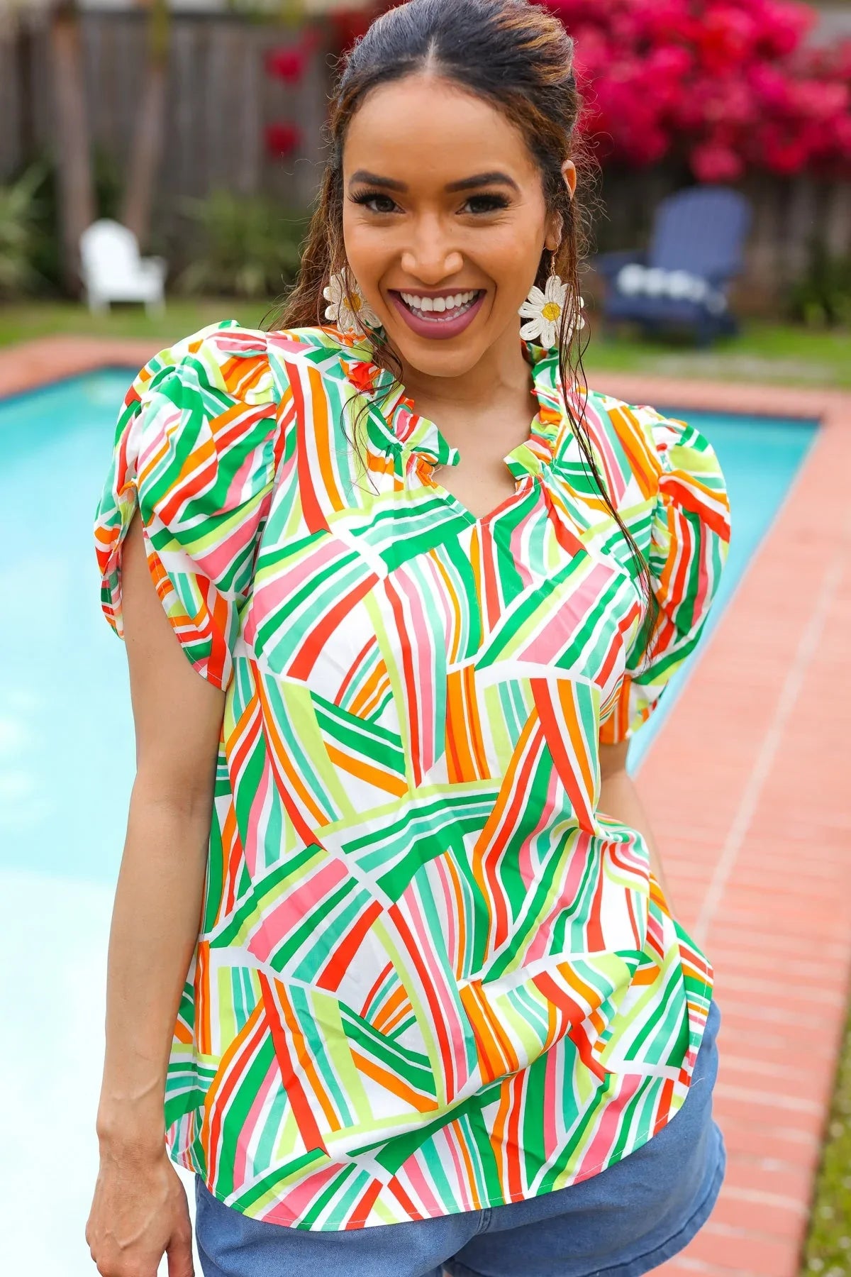 Hello Beautiful Green & Orange Geo Frill Notch Neck Puff Sleeve Top | 2024 Blow-Out Sale Daverri Fashions