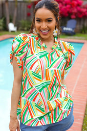 Hello Beautiful Green & Orange Geo Frill Notch Neck Puff Sleeve Top | 2024 Blow-Out Sale Daverri Fashions