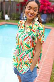 Hello Beautiful Green & Orange Geo Frill Notch Neck Puff Sleeve Top | 2024 Blow-Out Sale Daverri Fashions