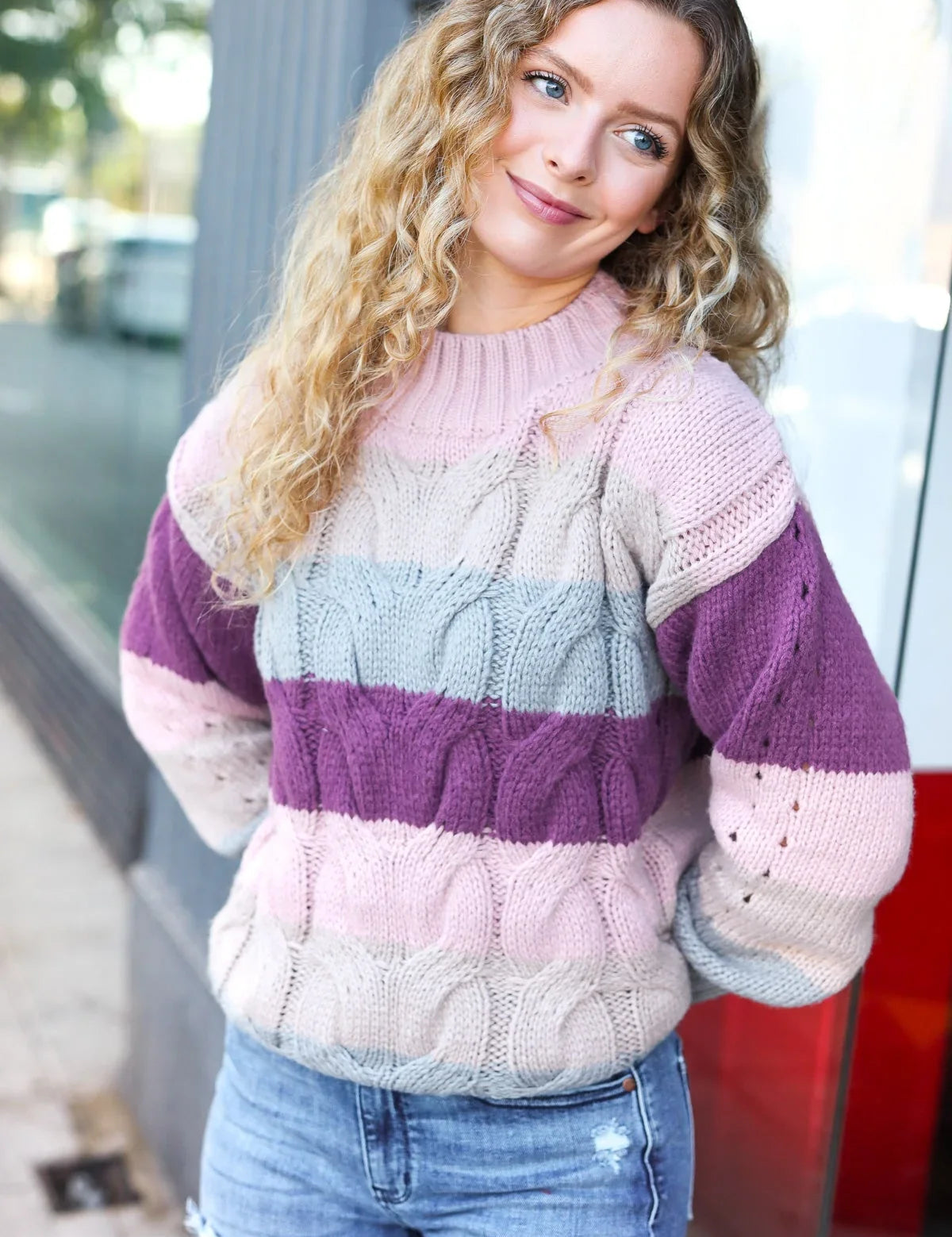 Fall For You Mauve Multicolor Stripe Cable Knit Mock Neck Sweater | 2024 Blow-Out Sale Daverri Fashions