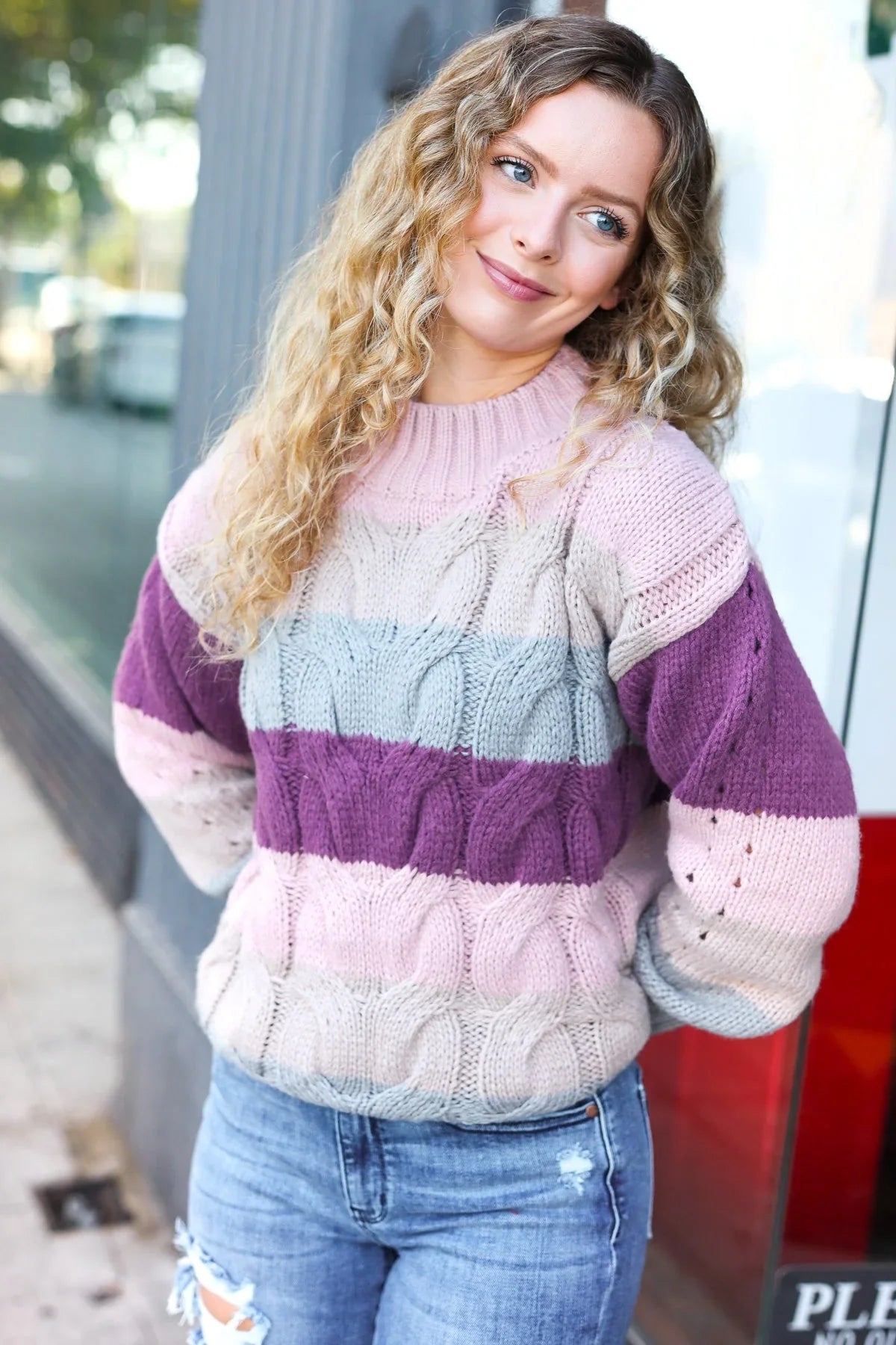 Fall For You Mauve Multicolor Stripe Cable Knit Mock Neck Sweater | 2024 Blow-Out Sale Daverri Fashions