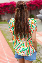 Hello Beautiful Green & Orange Geo Frill Notch Neck Puff Sleeve Top | 2024 Blow-Out Sale Daverri Fashions