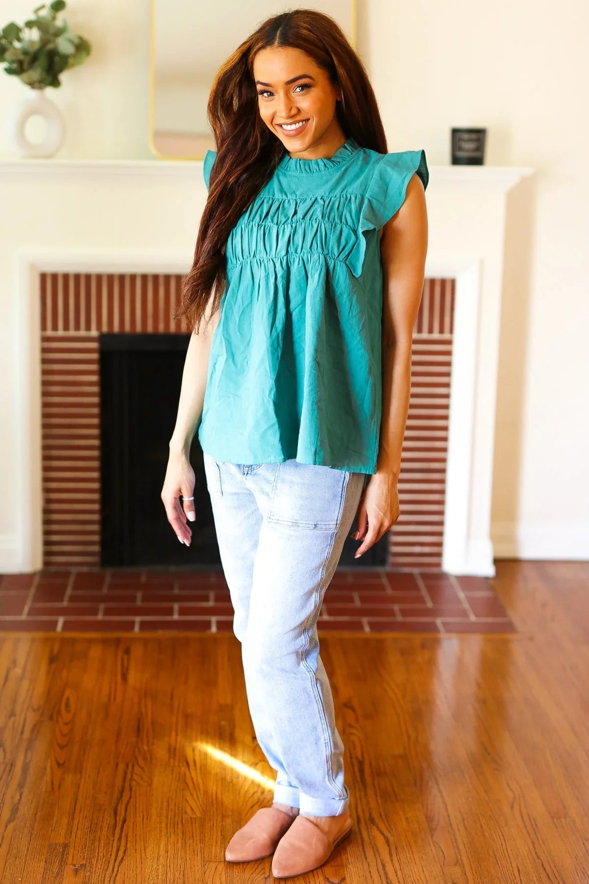 Love Life Cotton Turquoise Frill Mock Neck Flutter Sleeve Top | Daverri Fashions